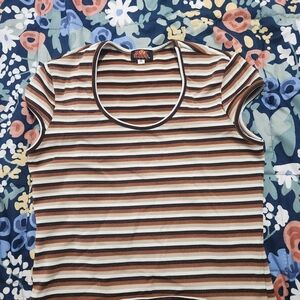 Hot Kiss Brown and White Striped Short Sleeve Tee